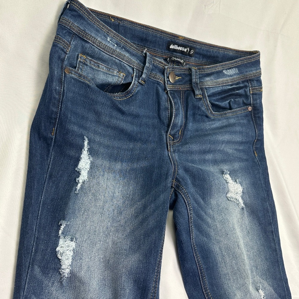 Dollhouse Harley Jeans Blue Distressed Frayed Hem Mid Rise Straight Y2K Grunge